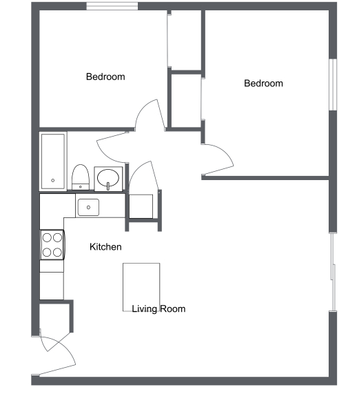 Floor plan layout diagram for 2 Bedroom 1 Bath (802sqft)